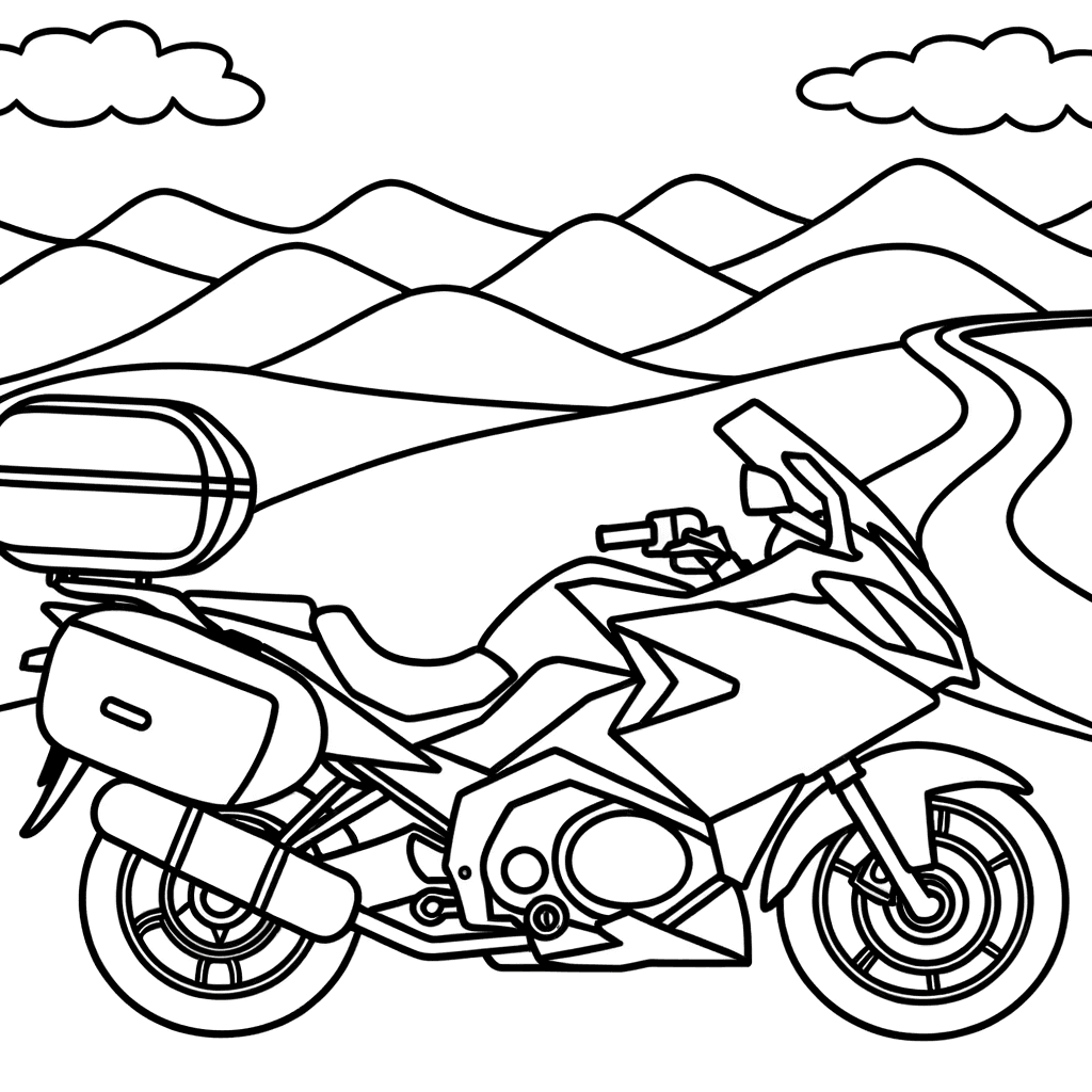 Ausmalbild: Sport-Tourer Motorrad auf kurviger Landstraße