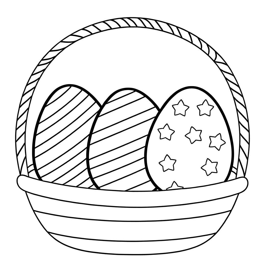 Ausmalbild: Großer Osterkorb mit drei gemusterten Eiern