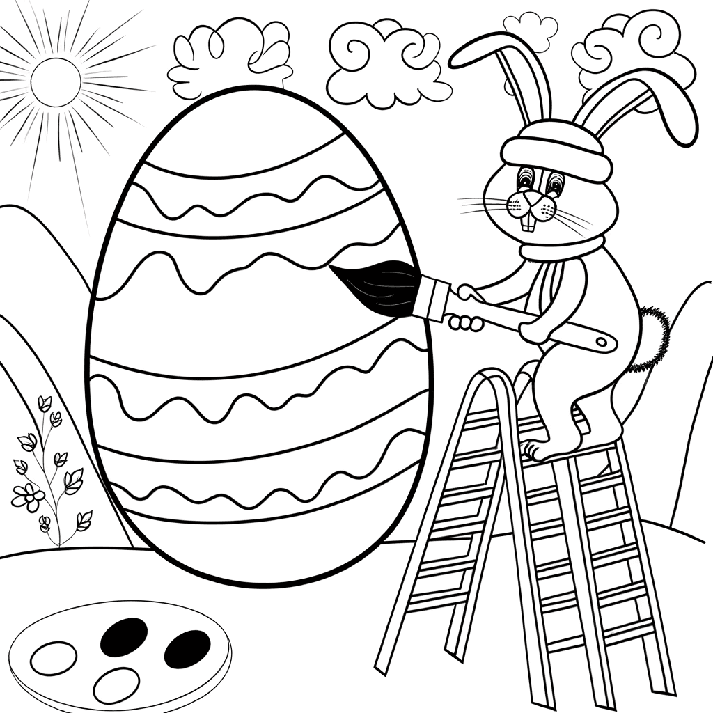 Osterhase bemalt riesiges Osterei auf einer Leiter