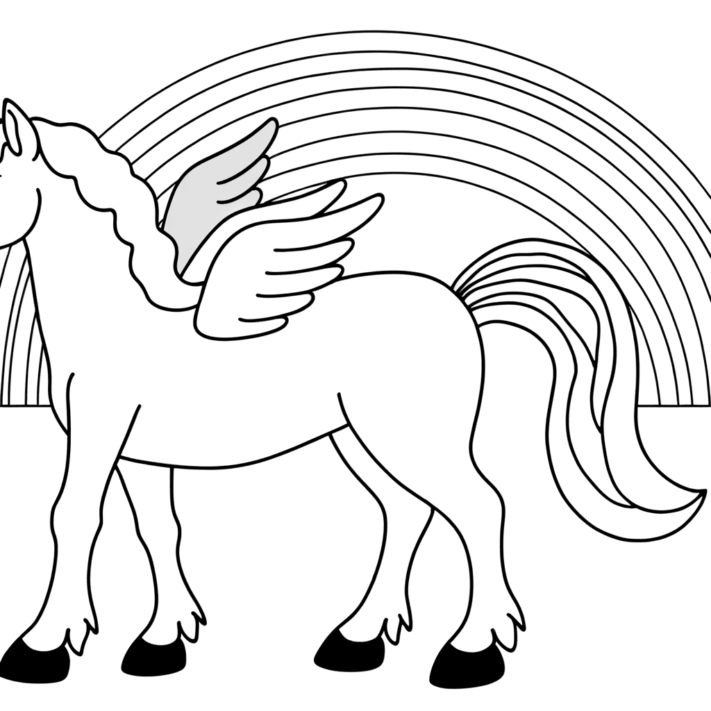 Ausmalbild Pegasus unter dem Regenbogen