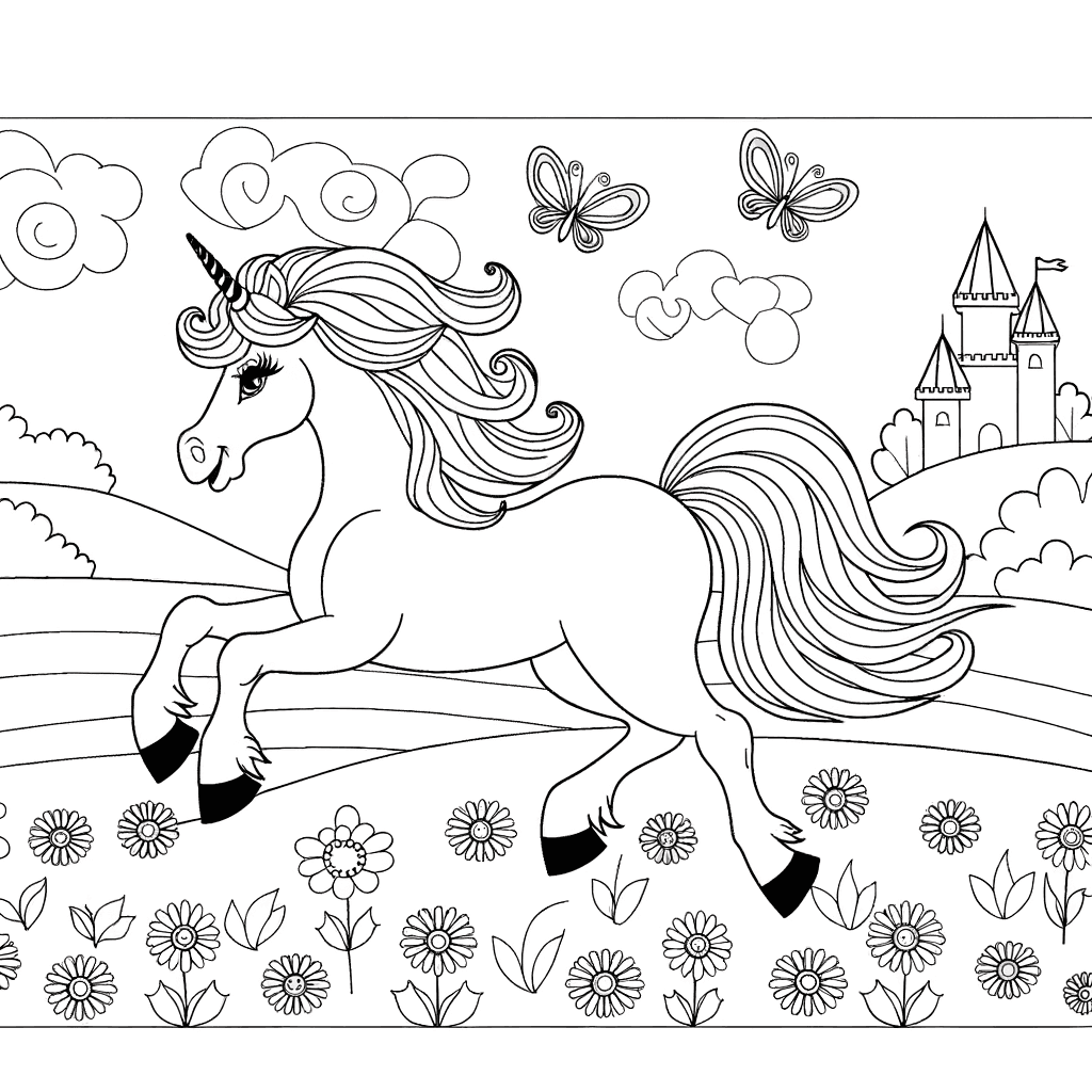 Pegasus auf der Blumenwiese vor einer Burg