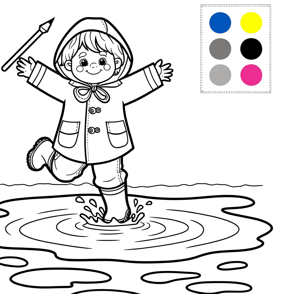 Kind springt in Pfütze Ausmalbild