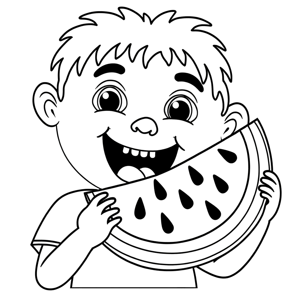 Coloriage Enfant Joyeux avec Pastèque
