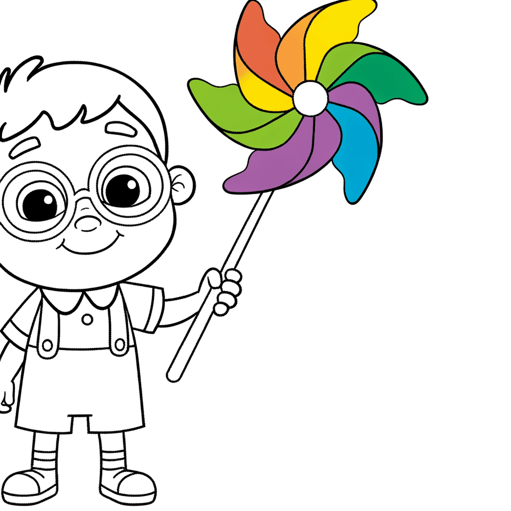 Ausmalbild: Junge mit Brille und Windrad