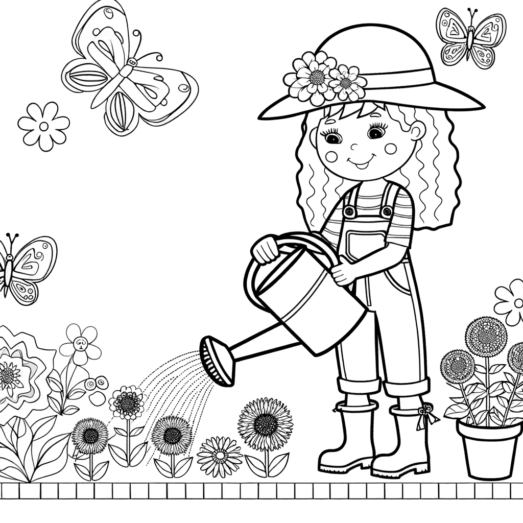 Ausmalbild: Junge Gärtnerin beim Blumen gießen