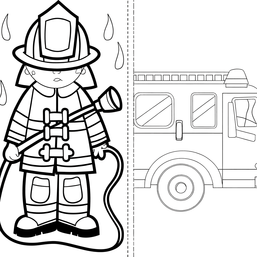 Coloriage Pompier courageux avec lance d'incendie