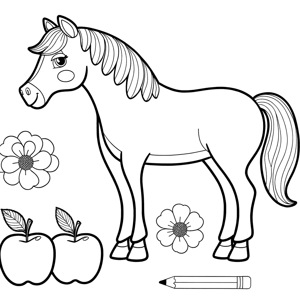 Ausmalbild: Pferd mit Äpfeln und Blume