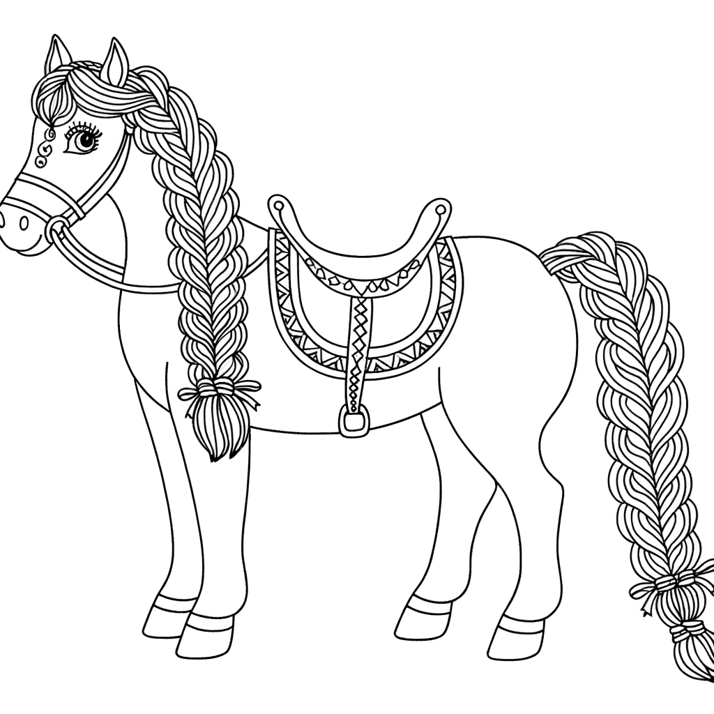 Cheval fier avec crinière tressée et selle