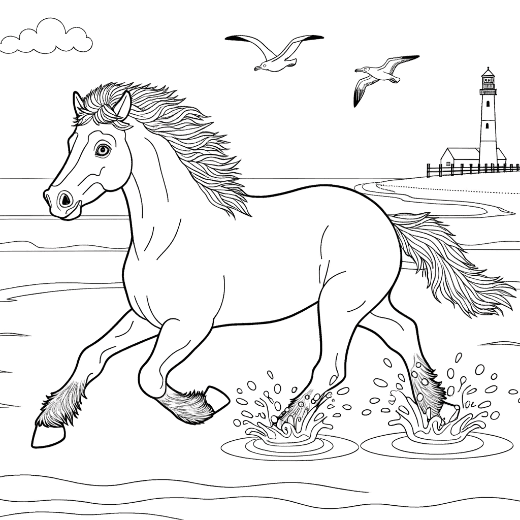 Wildes Pferd am Strand mit Leuchtturm