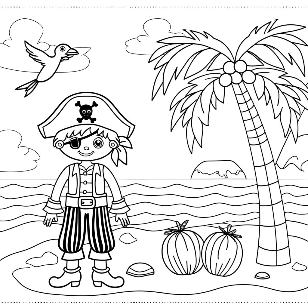 Kleiner Pirat auf einsamer Insel Ausmalbild