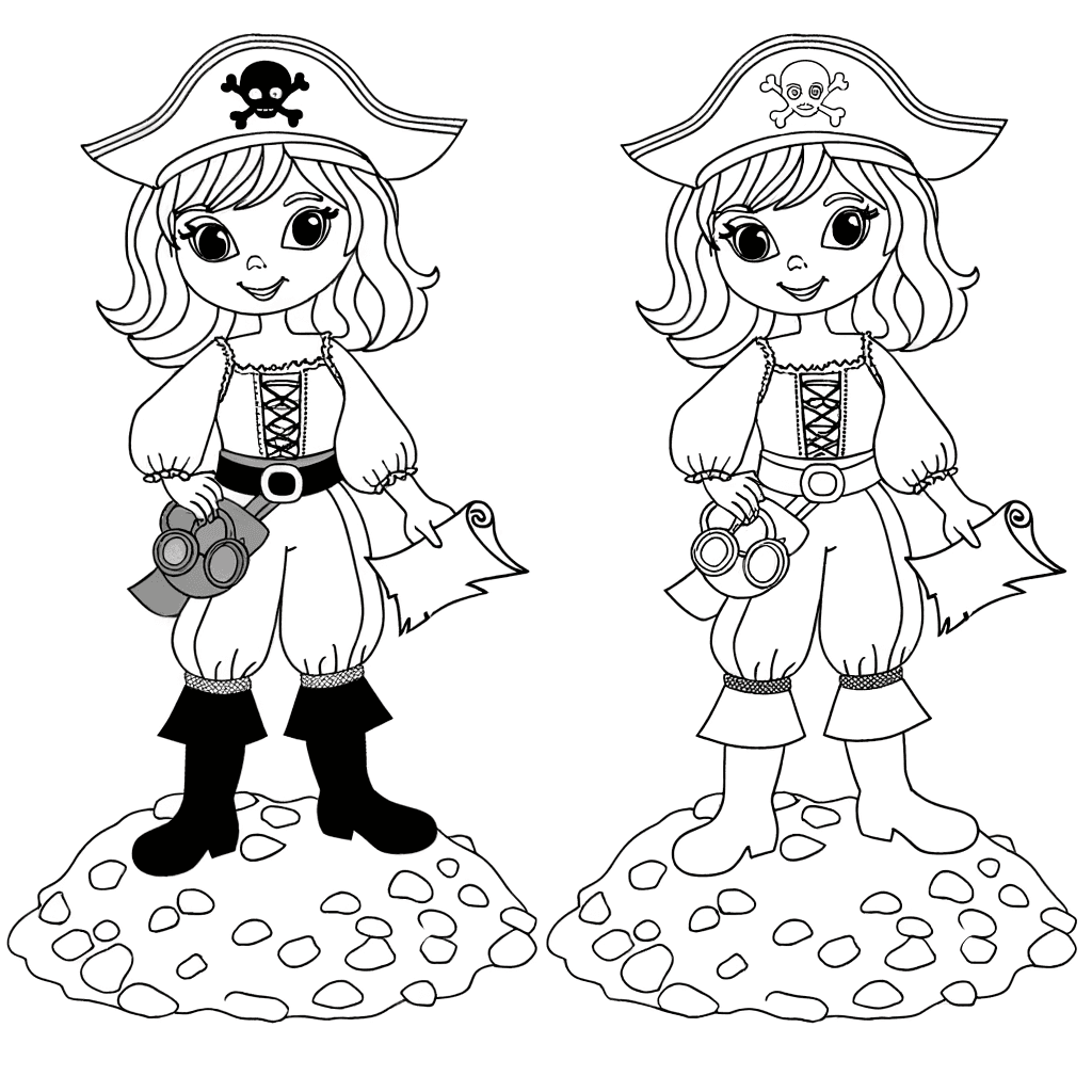 Disegno di Ragazza Pirata con Mappa del Tesoro da Colorare