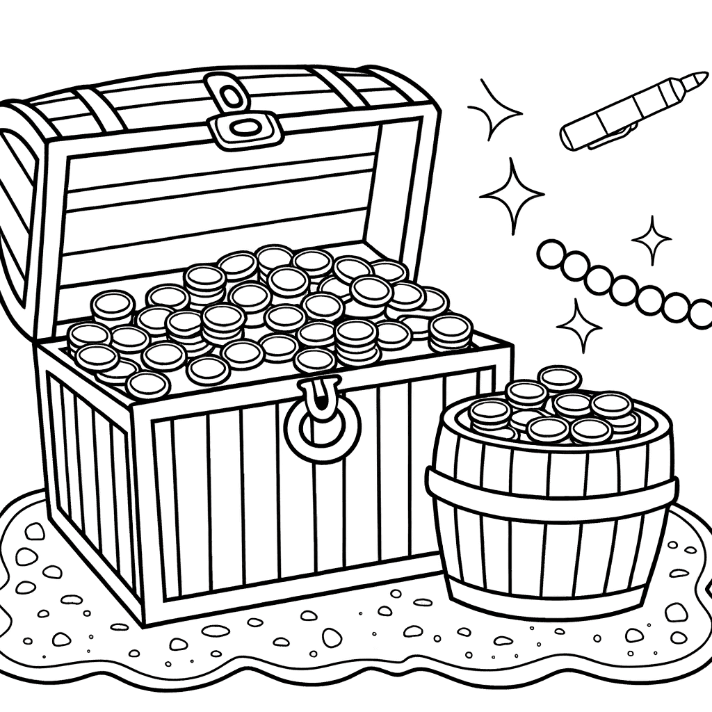 Disegno da colorare: Scrigno del tesoro aperto con monete d'oro