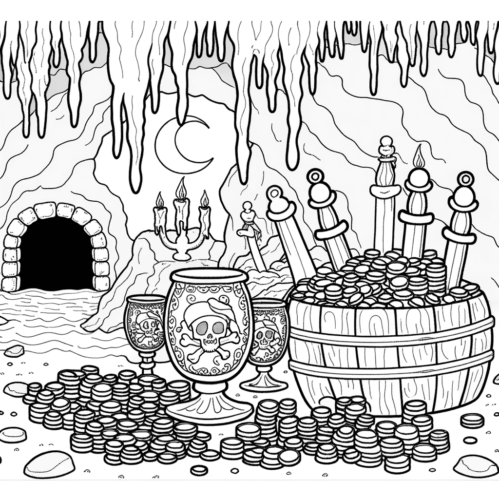Grotta segreta dei pirati con tesoro da colorare