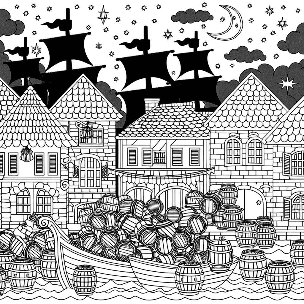 Piratenhafen bei Nacht: Detailreiches Ausmalbild für Profis