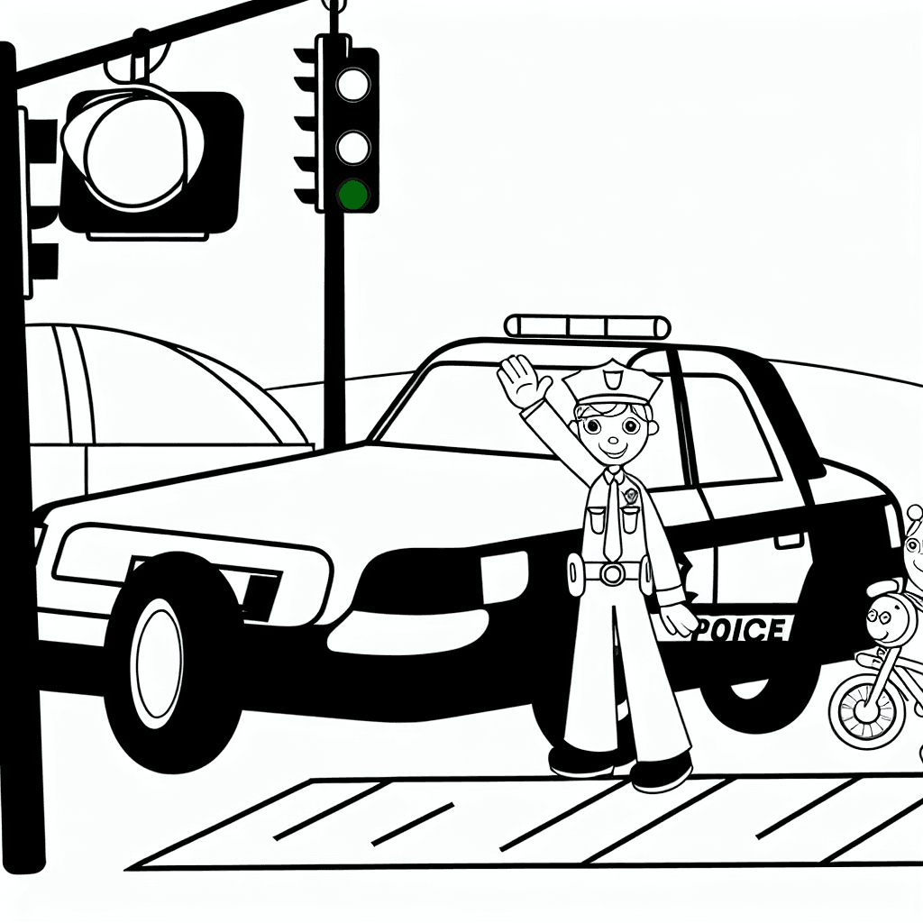 Coloring Page: Police Car at the Traffic Light