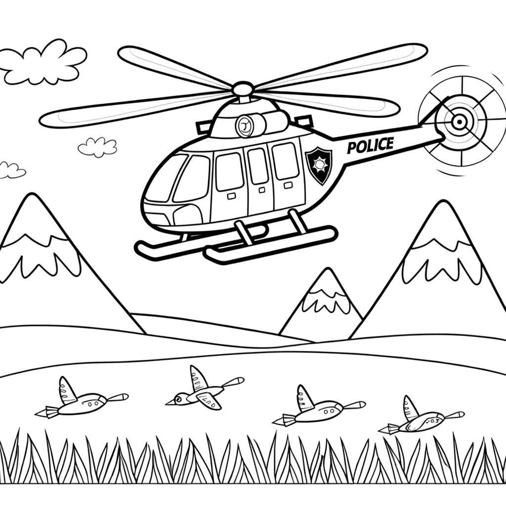 Coloring Page: Police Helicopter Flying over Mountains