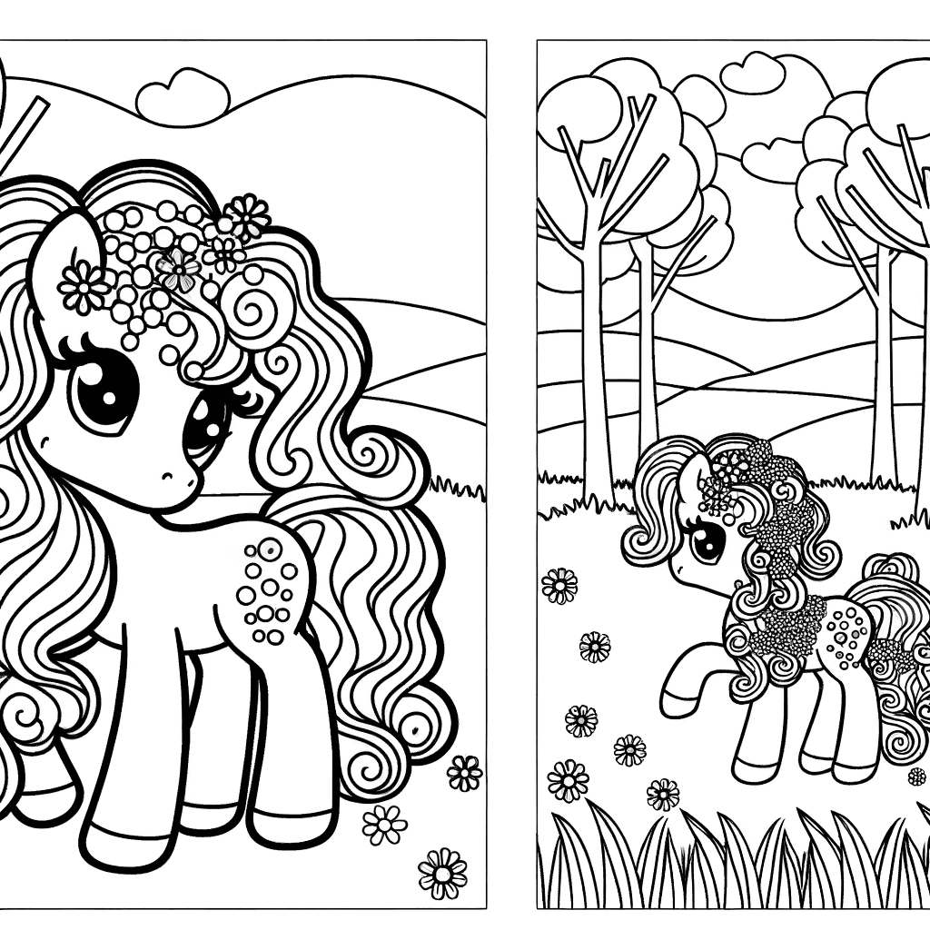 Pony mit langer lockiger Mähne und Blumen im Wald