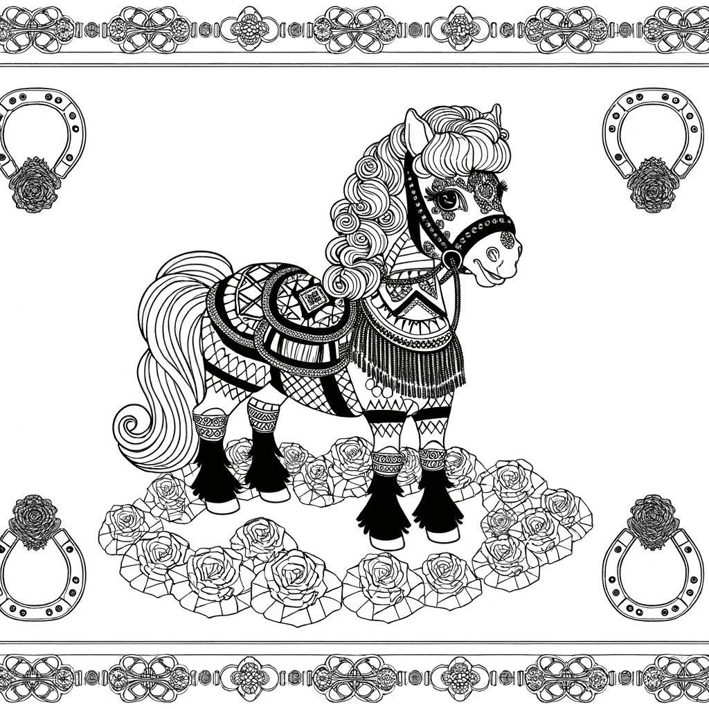 Festliches Turnier-Pony mit Ornamenten & Rosen-Rahmen
