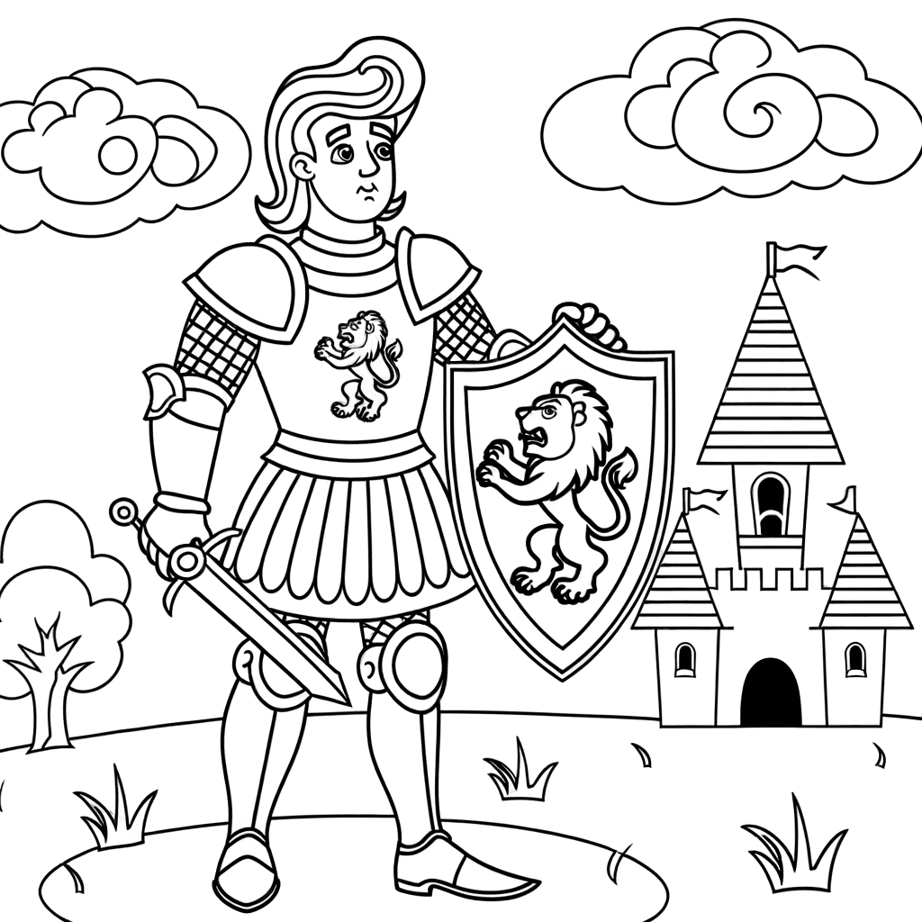 Kleurplaat: Dappere prins met leeuwenschild voor het kasteel
