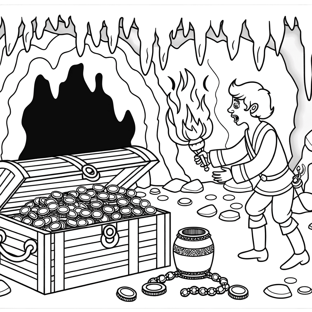 Ausmalbild: Prinz findet Schatz in der Höhle