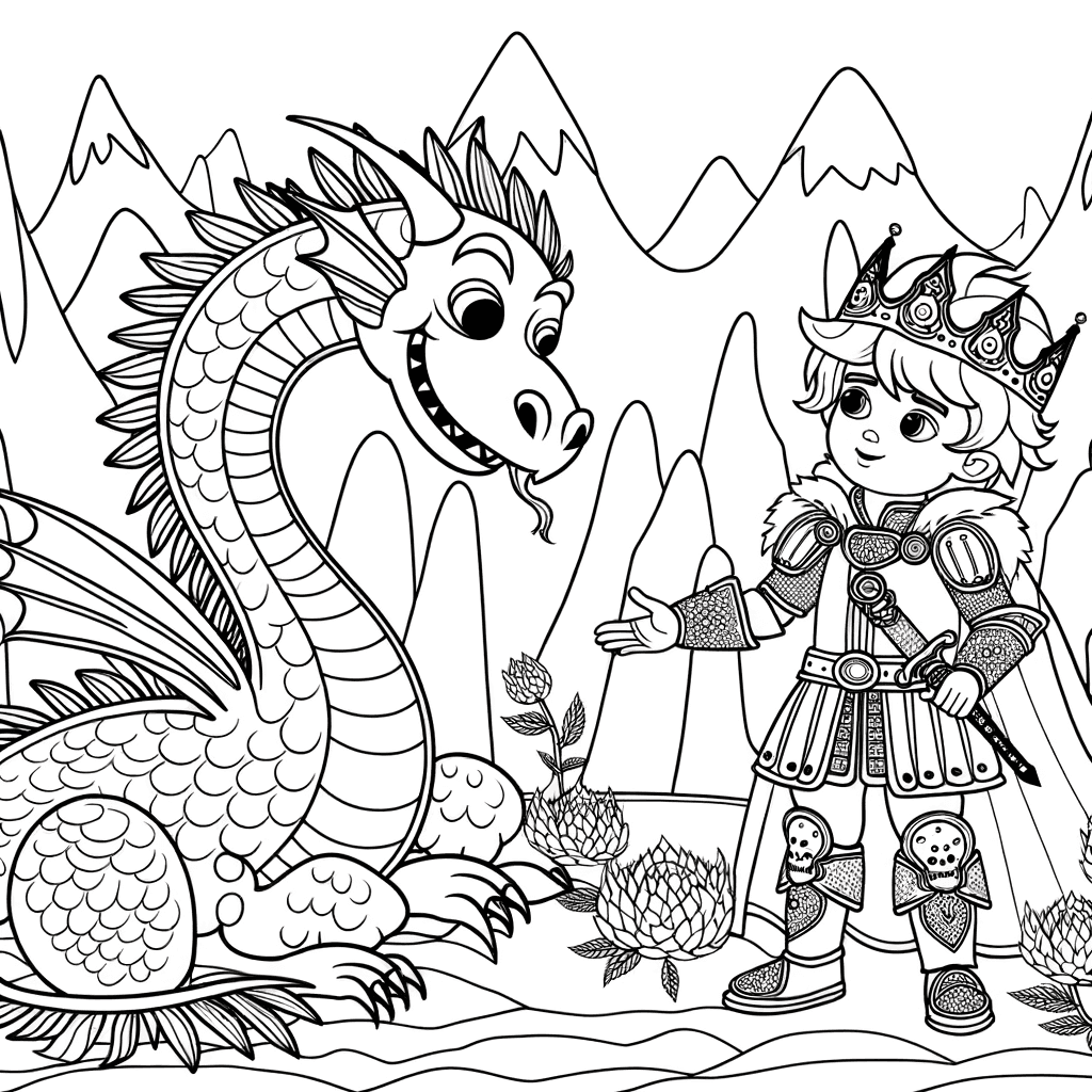 Ausmalbild: Prinz und freundlicher Drache vor Berglandschaft