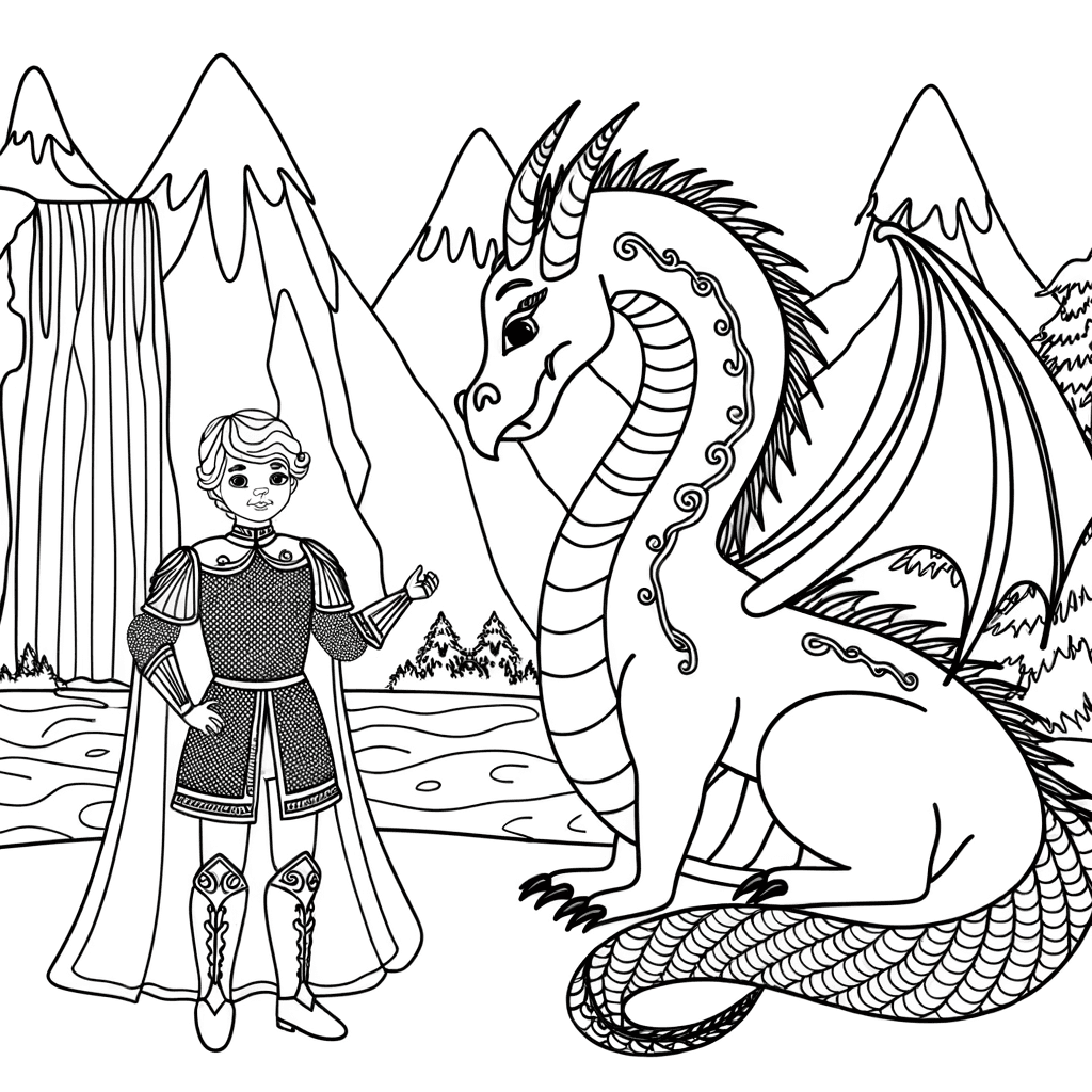Ausmalbild: Prinz und freundlicher Drache vor Berglandschaft