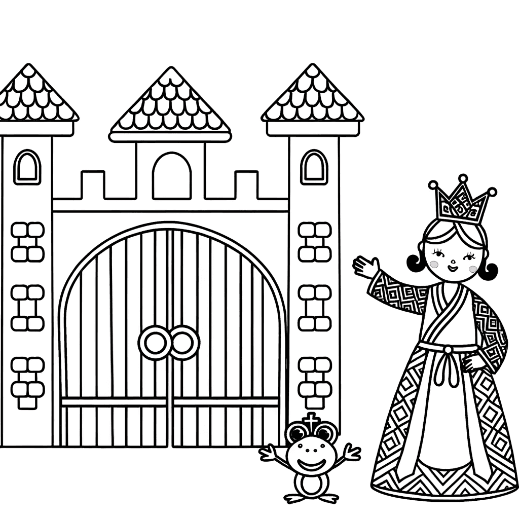 Prinzessin am Schlosstor mit kleinem Froschkönig