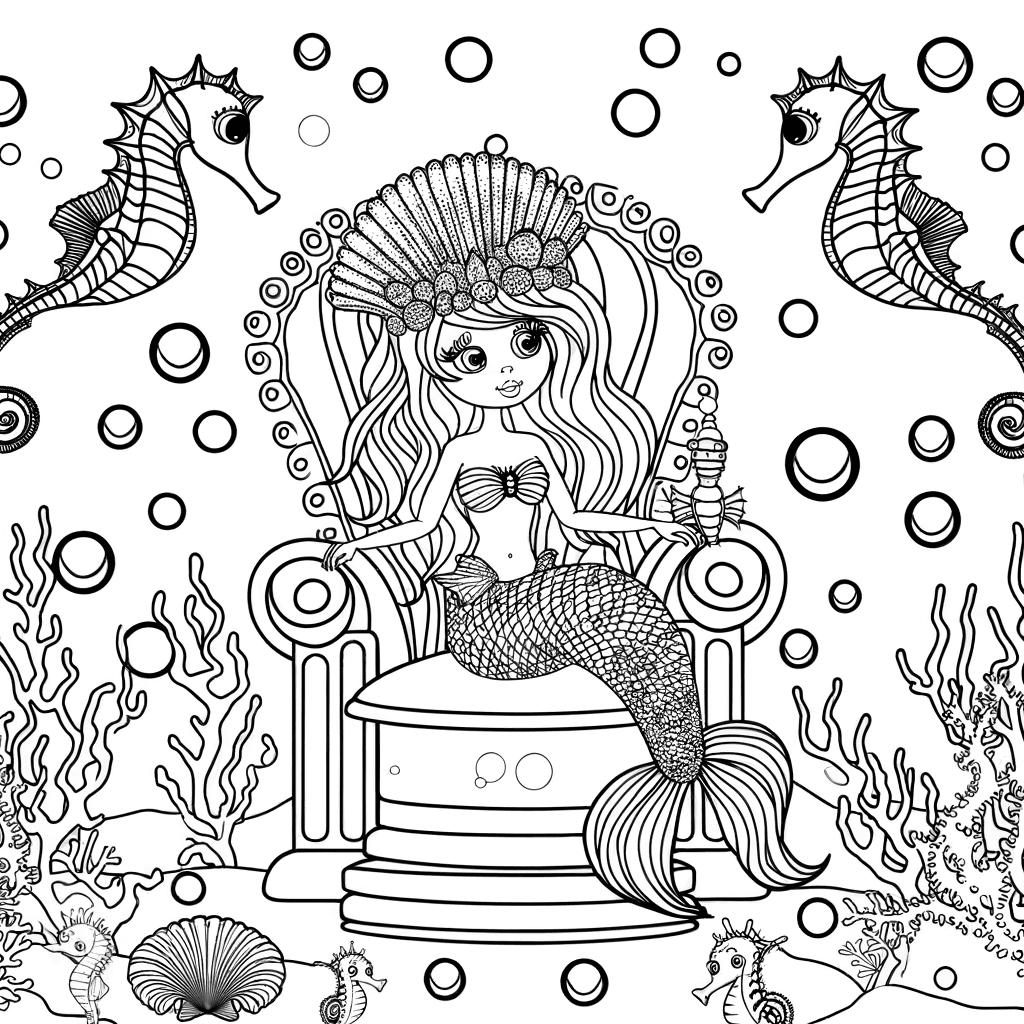 Ausmalbild: Unterwasser-Prinzessin auf Korallenthron