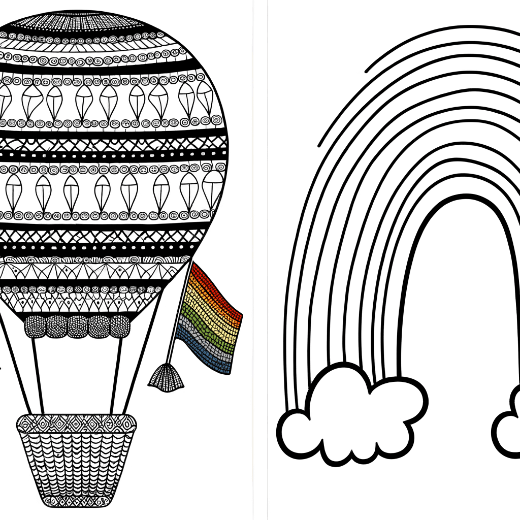 Ausmalbild: Heißluftballon unter dem Regenbogen