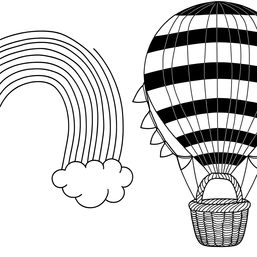 Ausmalbild: Heißluftballon unter dem Regenbogen