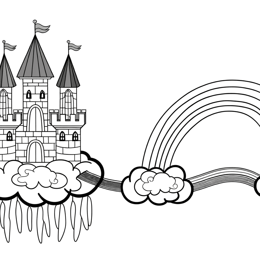 Magisches Wolkenschloss mit Regenbogenbrücke zum Ausmalen