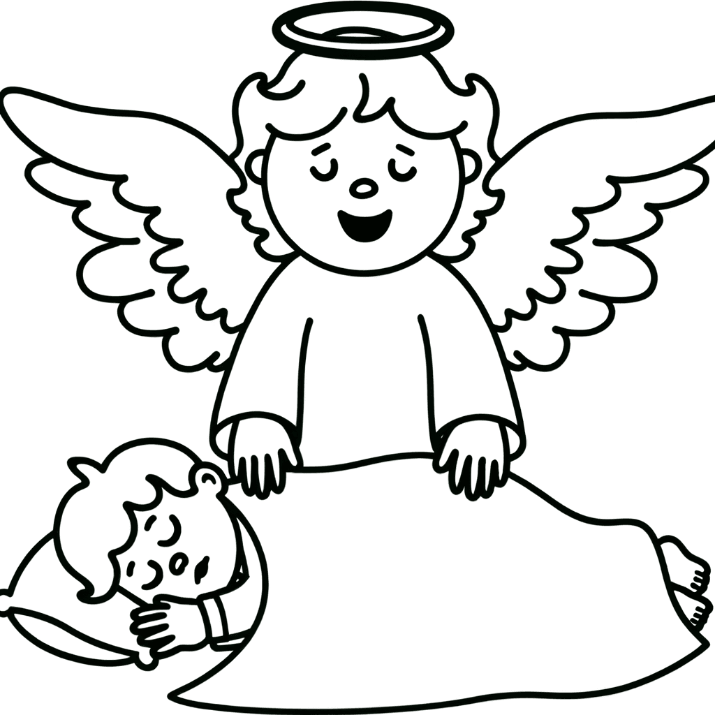 Ausmalbild Schutzengel mit schlafendem Kind