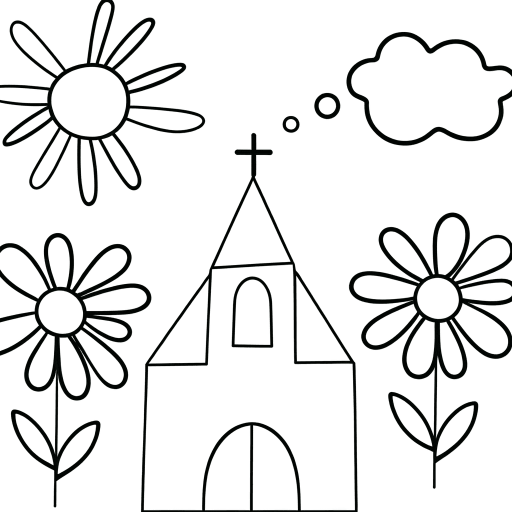 Kirche mit Blumen und Sonne