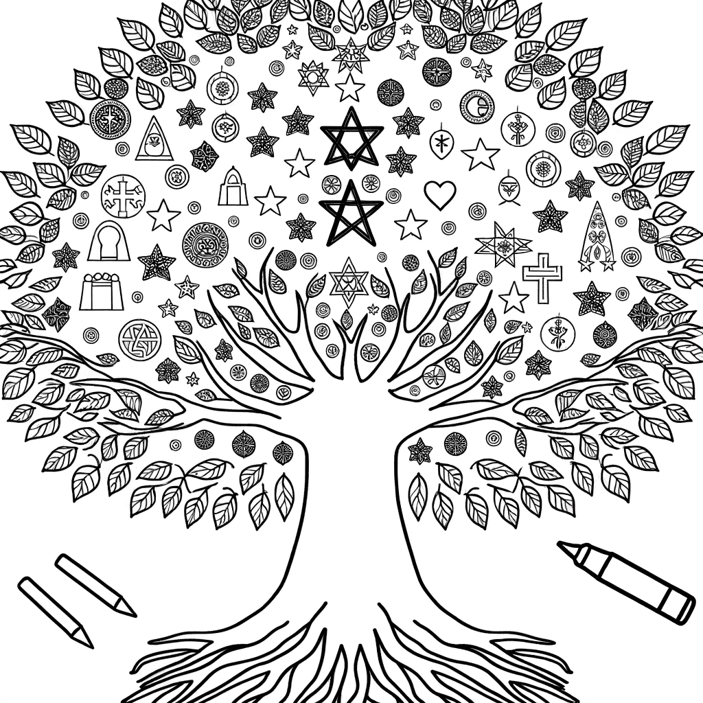 Ausmalbild Lebensbaum mit religiösen Symbolen