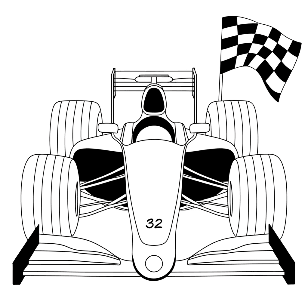 Piccola auto di Formula 1 con bandiera a scacchi