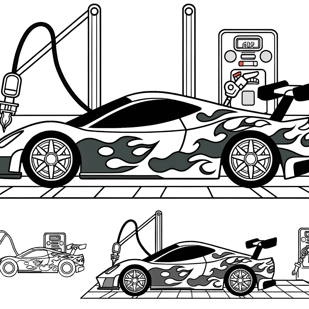 Disegno da colorare: Auto sportiva moderna con fiamme in pista
