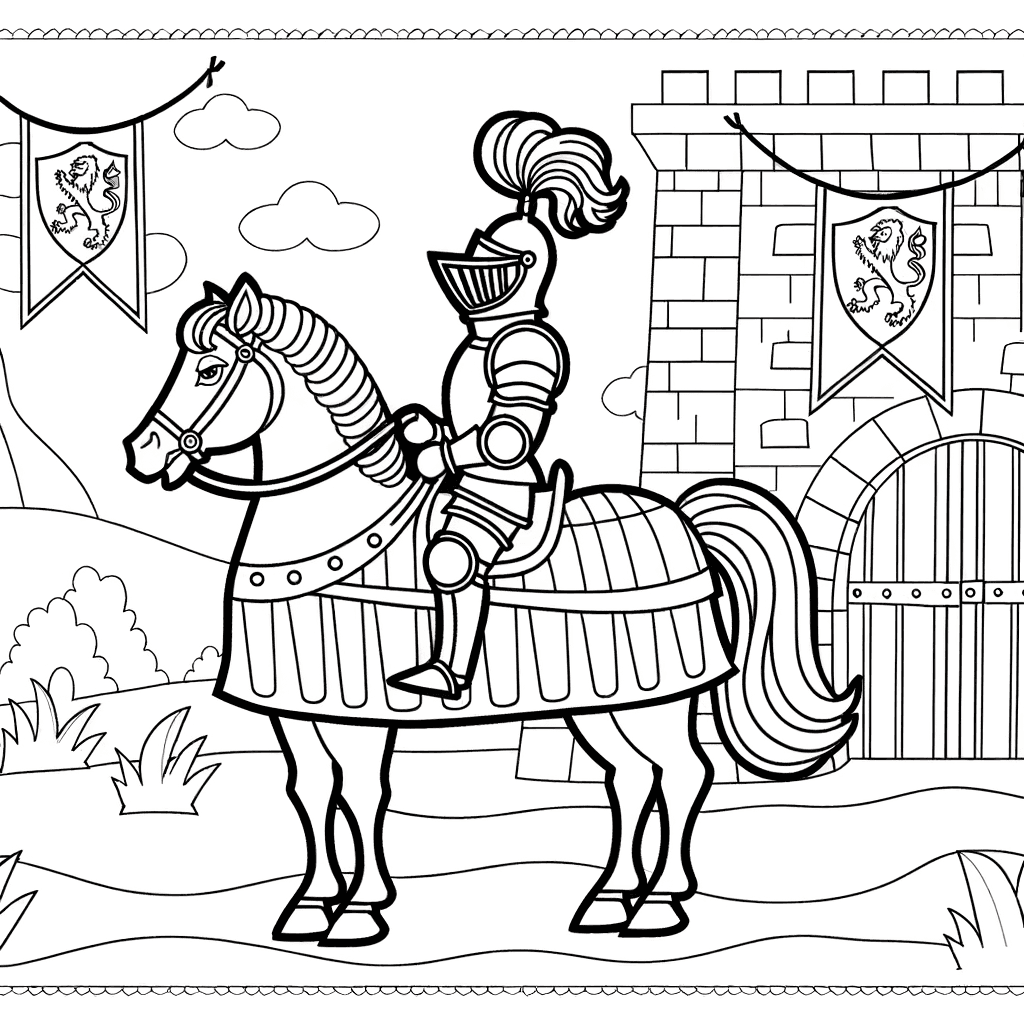 Ritter auf Pferd vor der Burg - Ausmalbild
