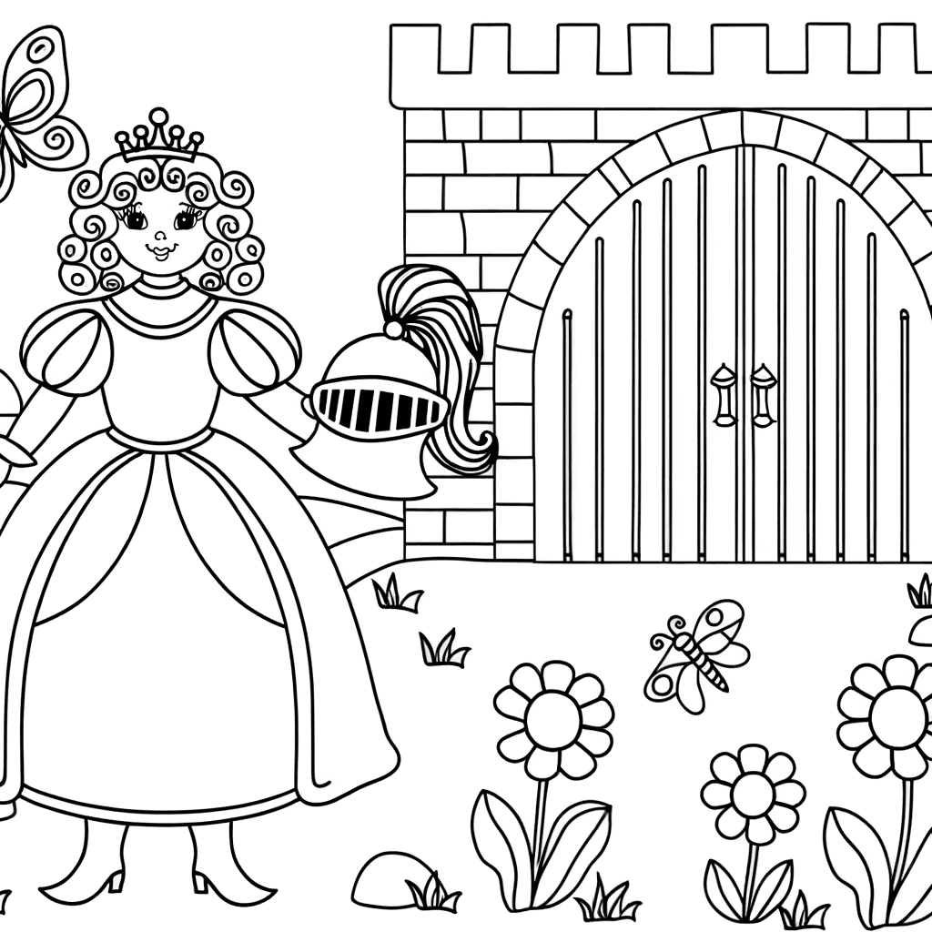 Prinzessin als Ritterin vor dem Schlosstor - Ausmalbild