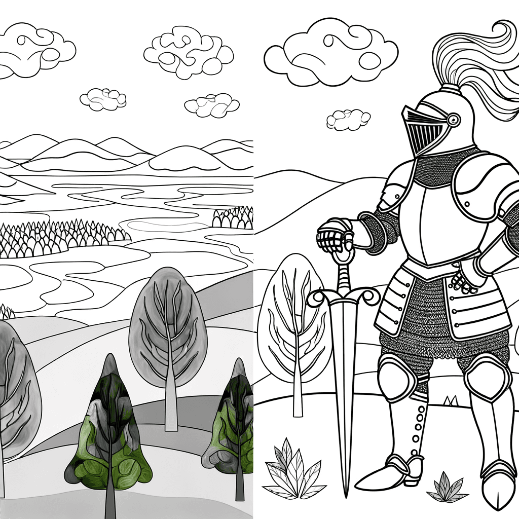 Ritter auf dem Hügel: Epische Landschaft Ausmalbild