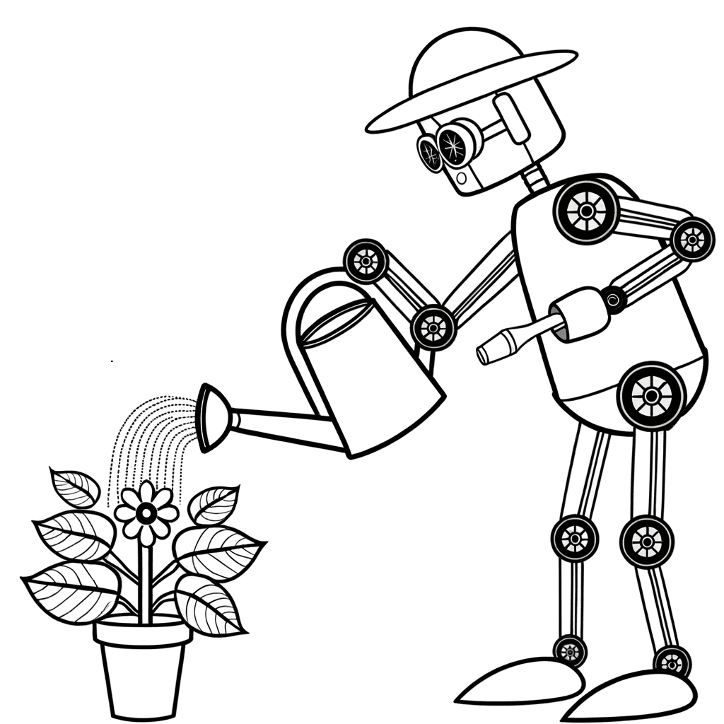 Coloring Page: Robot Gardener Watering a Flower