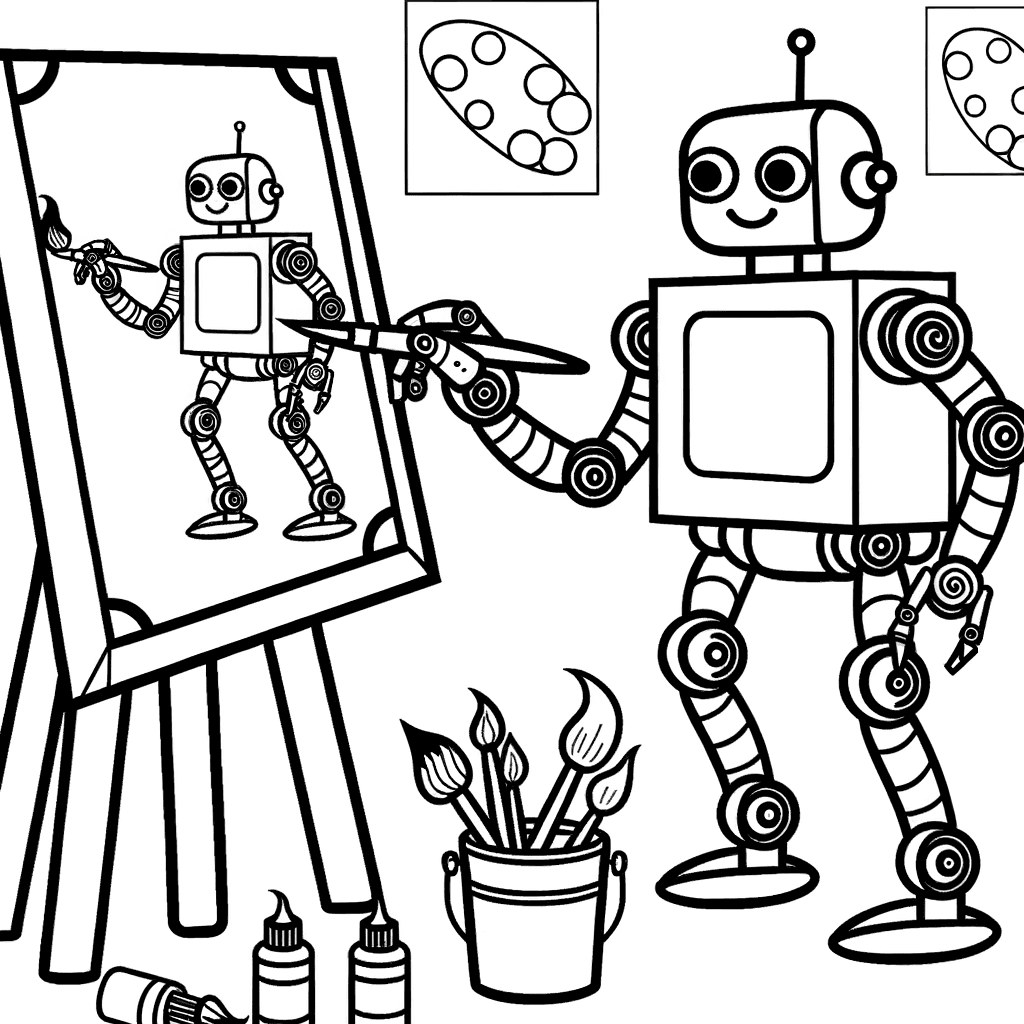 Ausmalbild: Roboter-Künstler beim Malen