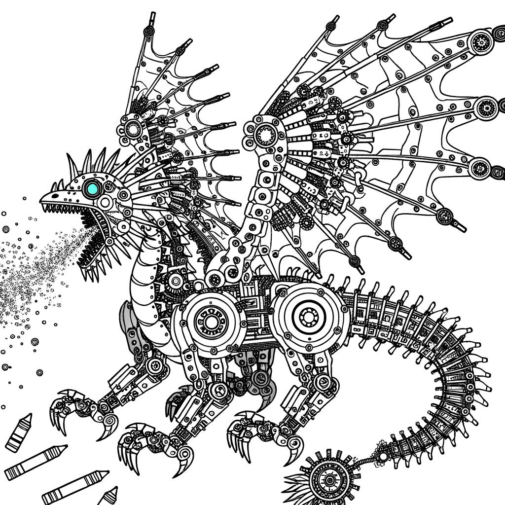Ausmalbild: Mechanischer Drachen-Roboter mit Elektro-Blitzen