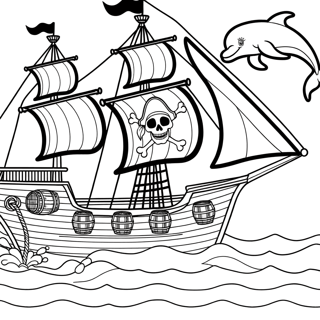 Piratenschiff mit Delfin Ausmalbild