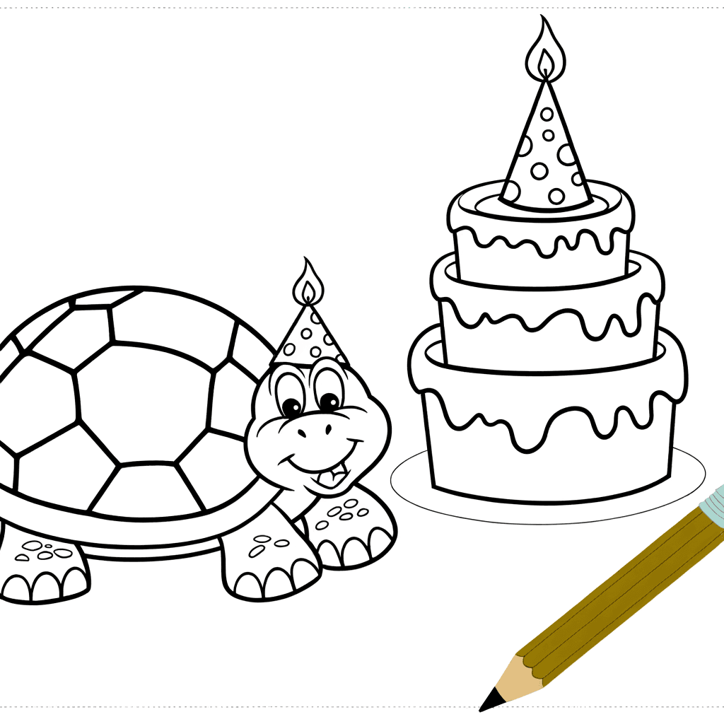 Ausmalbild: Schildkröte mit Partyhut und Geburtstagstorte