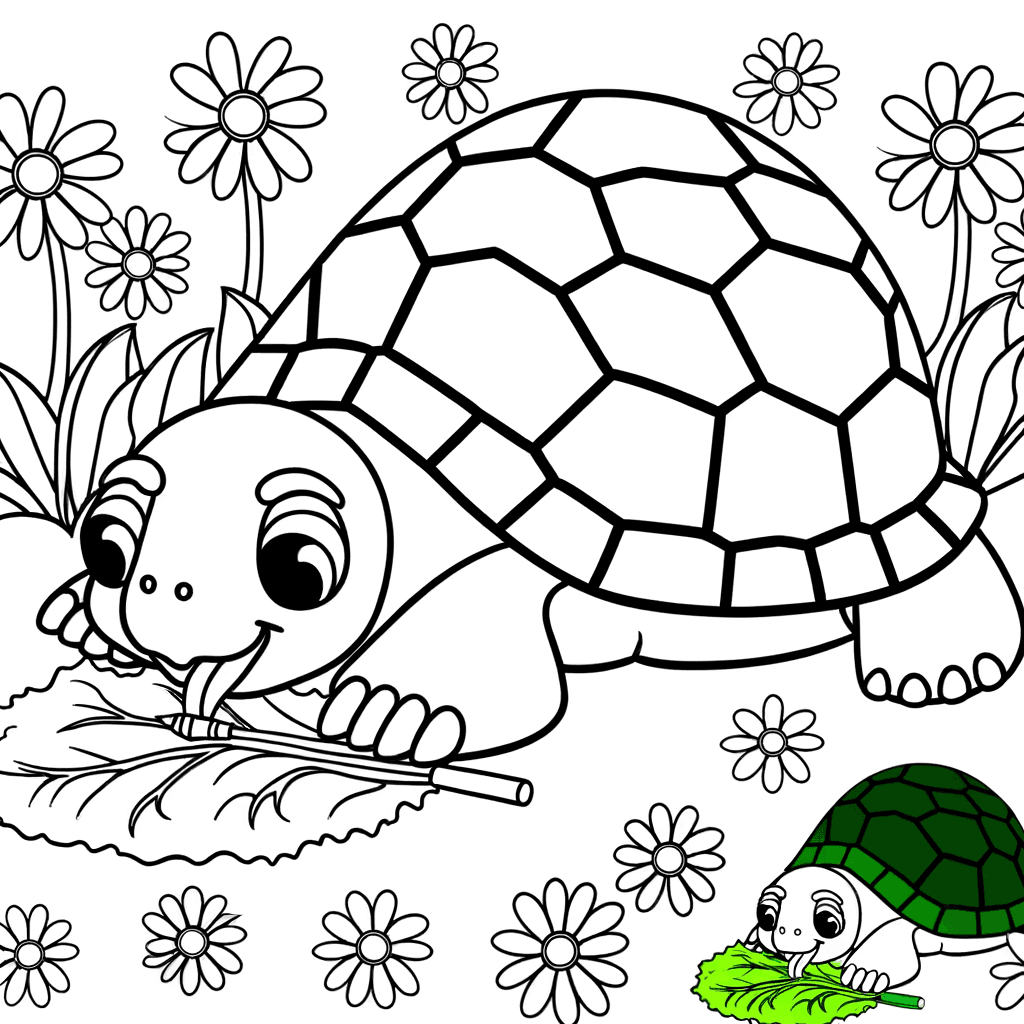 Ausmalbild: Landschildkröte frisst Salat im Garten