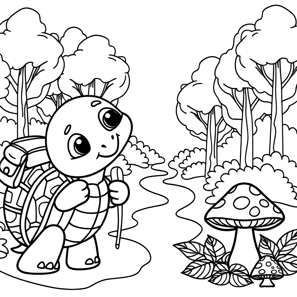 Wandernde Schildkröte mit Rucksack und Pilzen