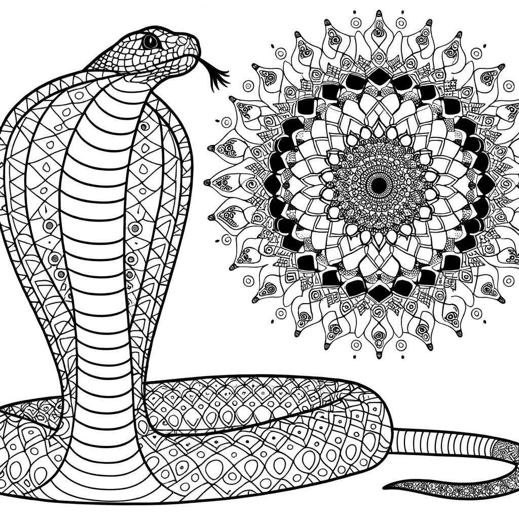 Ausmalbild: Majestätische Königskobra mit Mandala-Mustern