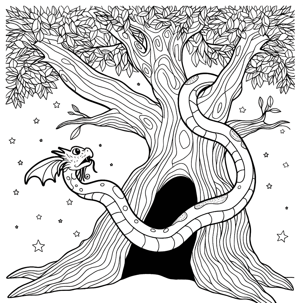 Ausmalbild: Fantasie-Schlange mit Drachenflügeln am antiken Baum
