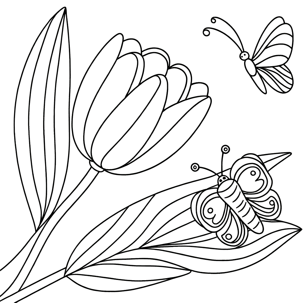 Ausmalbild: Schmetterling auf Tulpe – Einfach & Süß