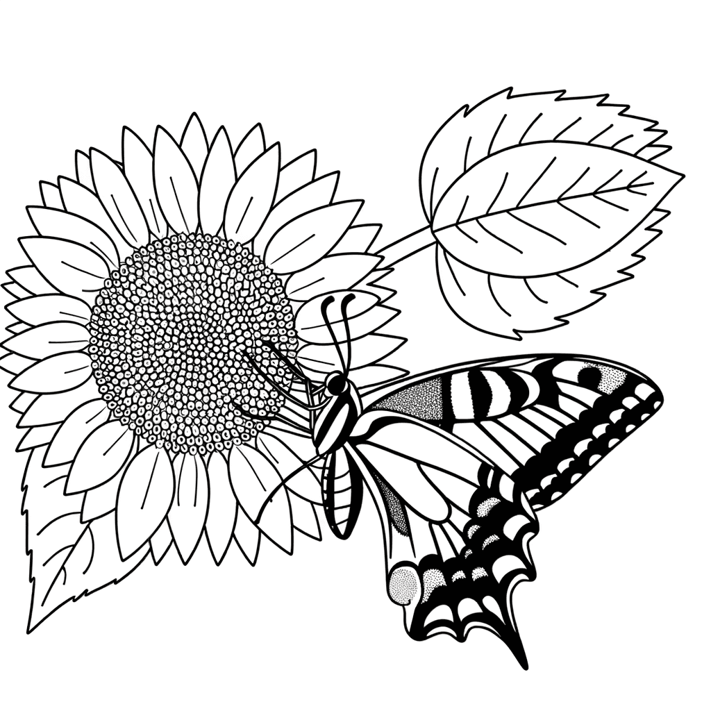Schwalbenschwanz auf Sonnenblume Ausmalbild